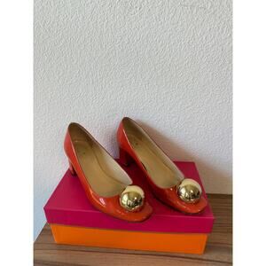 Kate Spade Dazzle Orange Patent Leather Pumps Gold Ball Detail Size 6.5M w/ Box